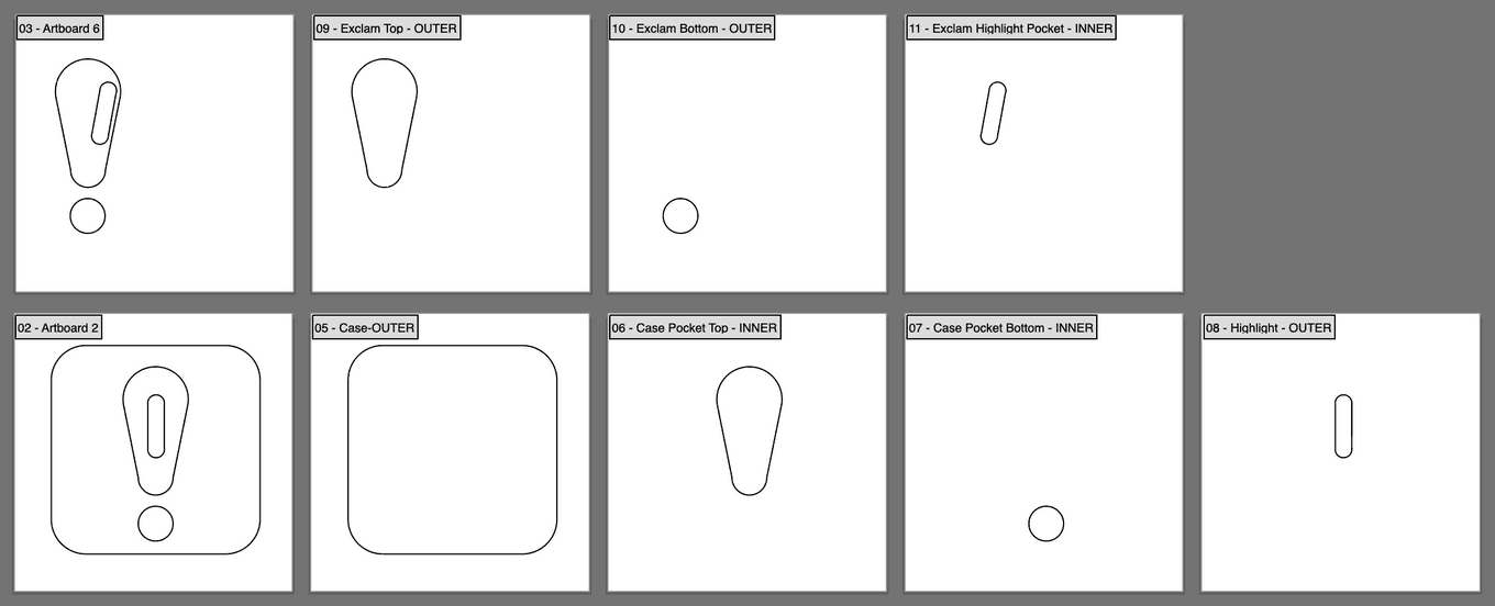 Screen shot of Illustrator artboards, each holding a shape for cut paths