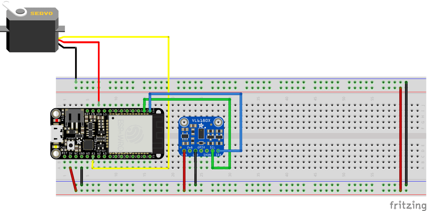 Breadboard diagram including a ESP32 Feather, micro servo, and time-of-flight sensor